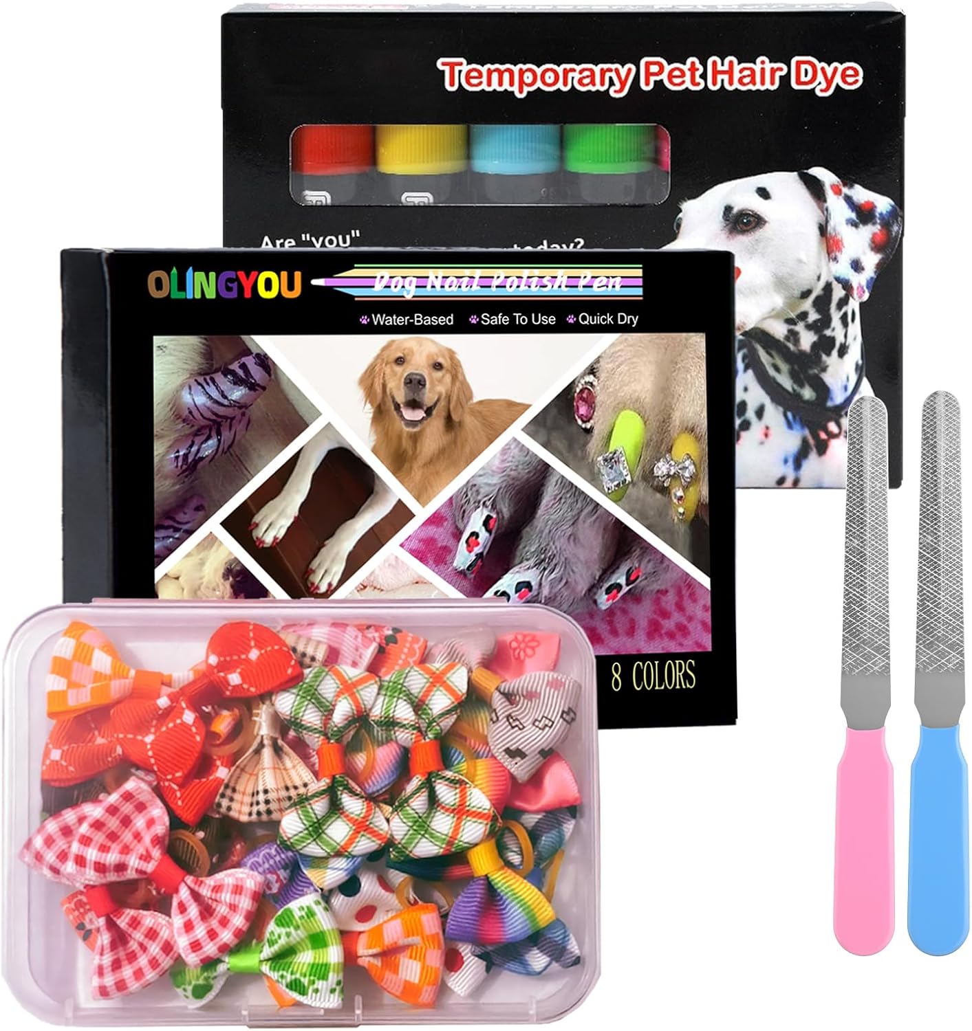 Pet Grooming Kit- 6 Colors Washable Dog Hair Dye Markers, 8 Colors Nail Polish, 20 PCS Cute Dog Bowknot Hair Bows ,Dog Beauty Care Supplies for Safe & Fun Styling,Birthday Gifts to PET Lovers Set