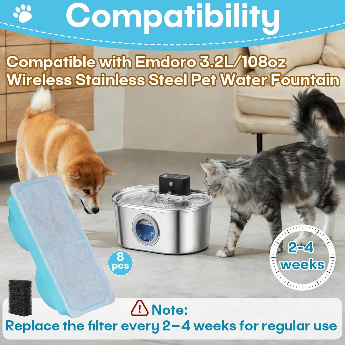 8-Pack Pet Water Fountain Filter Replacement for Emdoro Pet Water Fountain, Fit for 3.2L/108oz Wireless Stainless Steel Cat Water Fountain for 4 Months Supply