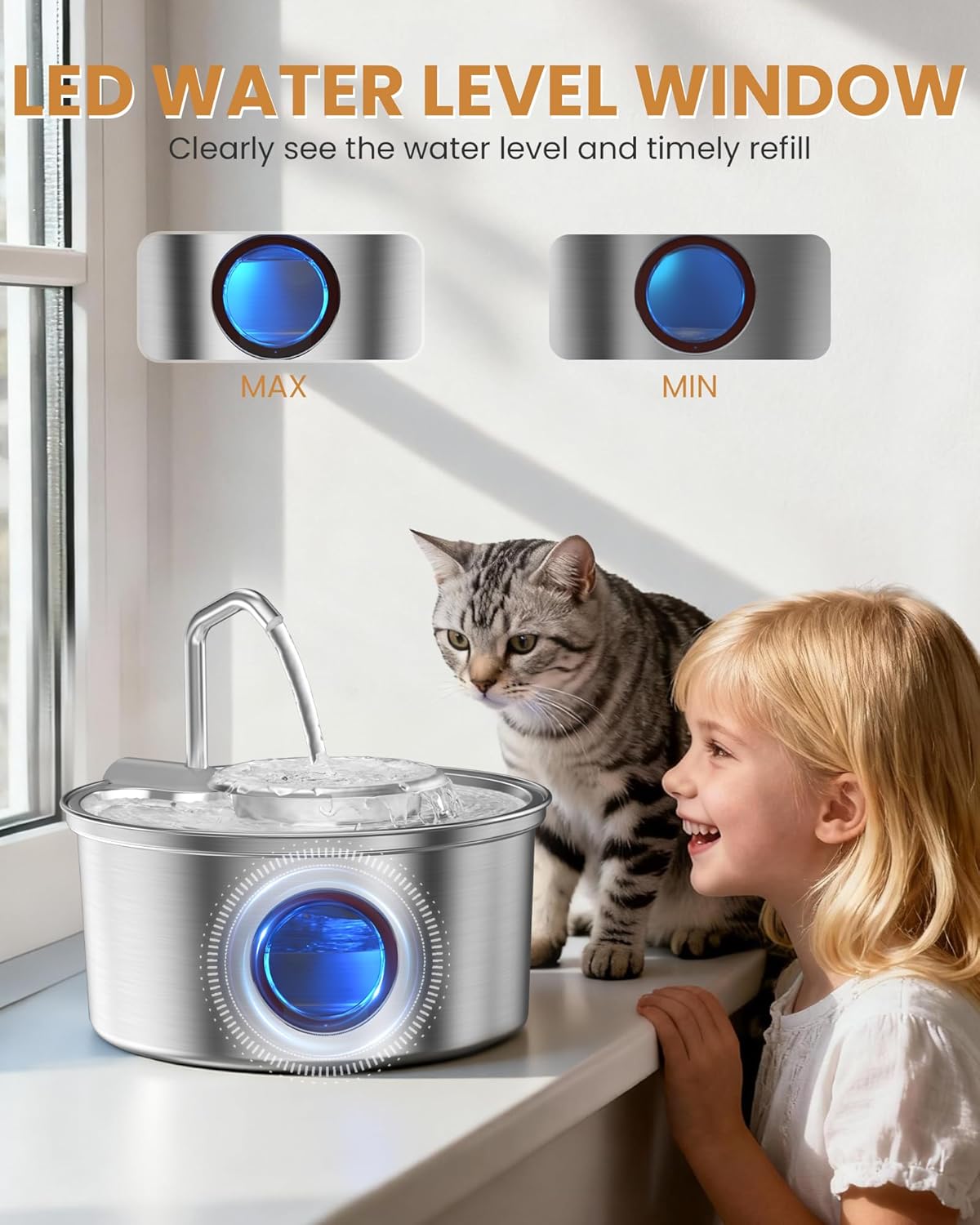 Cat Water Fountain Stainless Steel - 108oz/3.2L Ultra-Quiet Cat Fountain for Drinking with Removable Water Bowl, Kitty Spout Fountain with 3 Filters Supplies for Cats, Small Dogs, Multiple Pets