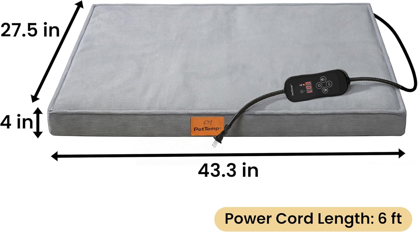 Extra Large Heated Dog Bed with Orthopedic Memory Foam, 4" Thick Beds for Large Sized Dog, 43.3 × 27.5 in Waterproof Sofa Dog Bed with Removable Heating Pad, Washable Cover & Non-Slip Bottom, 60W