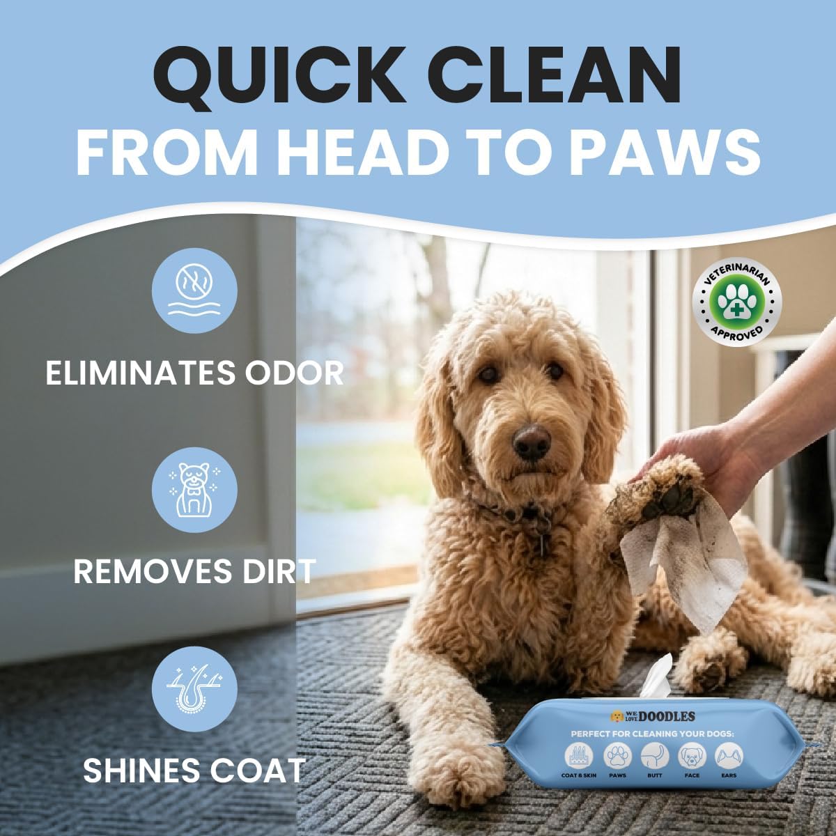 We Love Doodles Dog Wipes - Deodorizing & Cleaning Pet Wipes, for Coat, Face, Paws, Butt, & Body, Dog Essentials & Grooming Supplies, Made in USA, Unscented (400 Wipes)