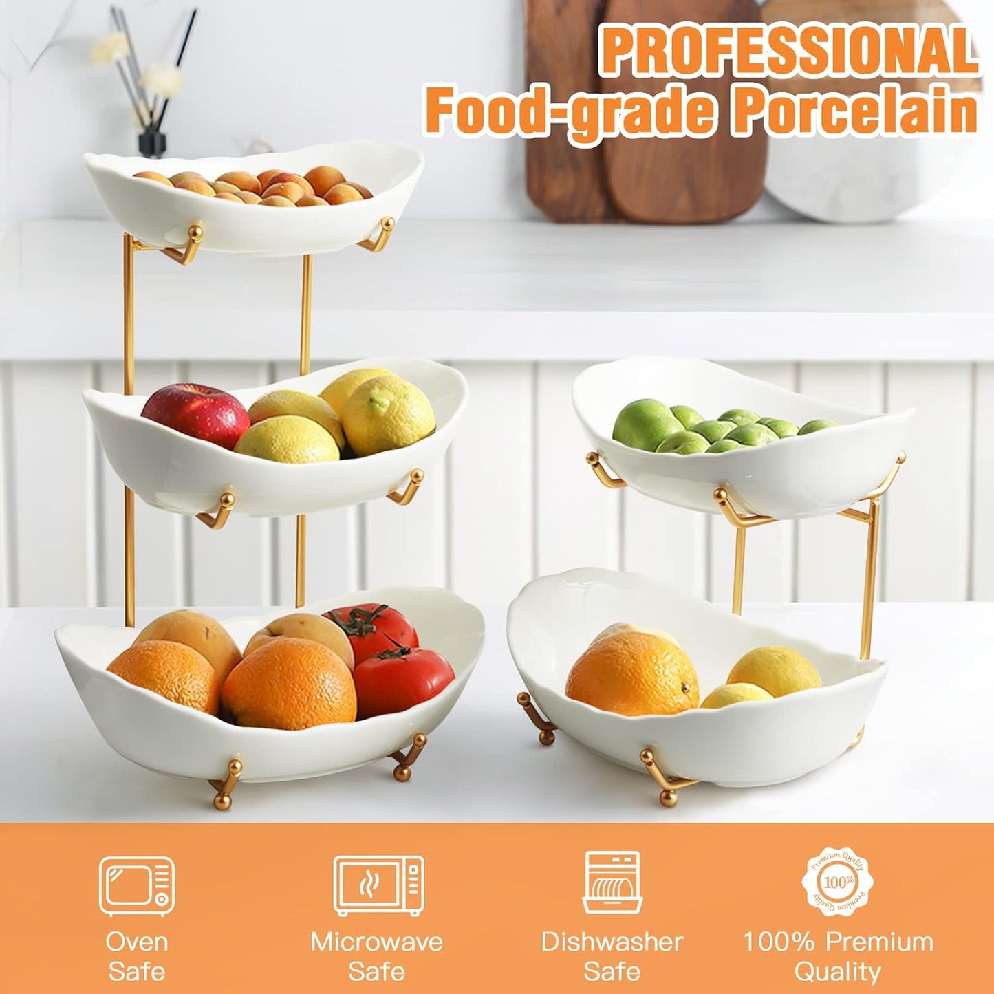 Ceramic Fruit Bowl for Kitchen Counter - 3 Tier Fruit Basket with Metal Stand, Tiered Fruit Stand for Countertop, Snack, Nuts, Cake, Dessert, Cute (Gold, Small)