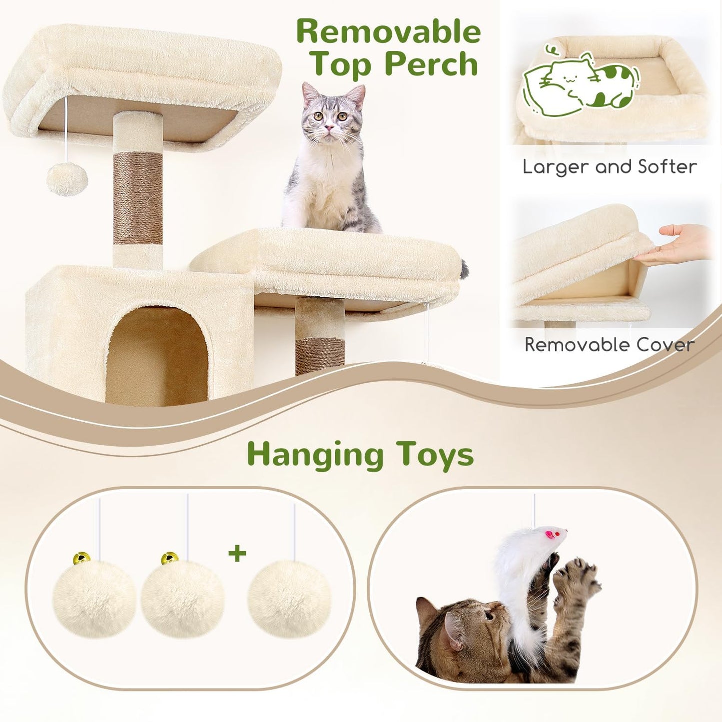 Globlazer Cat Tree Tower, 76-Inch Extra Tall Multi-Level Cat Furniture with Cozy Condos, Hammock and Perches for Adult Cats, Perfect for Climbing, Scratching, and Play, F76, Beige