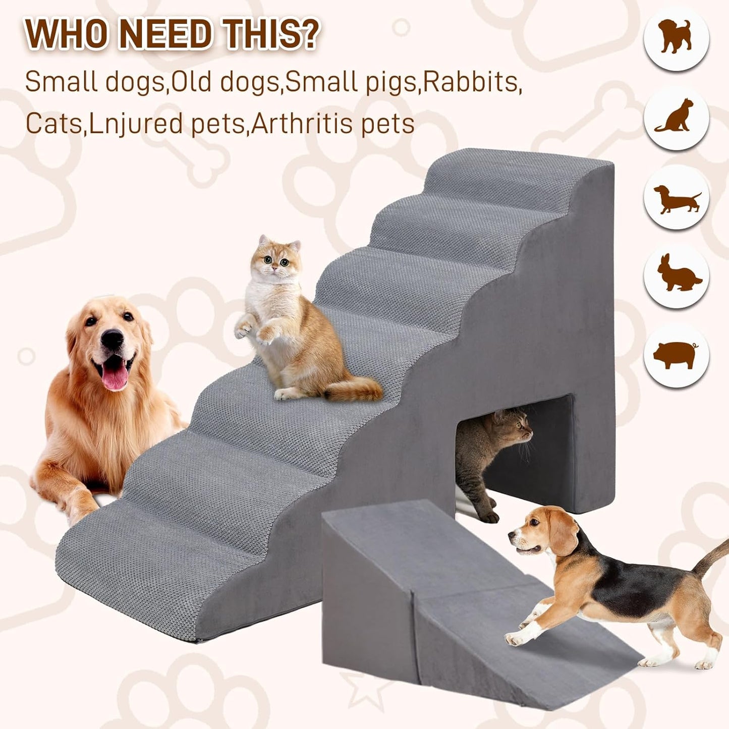 7-Step Dog Stairs for Bed 30-36" H, Dog Steps for High Bed, Pet Steps for Small, Older Pets, Non-Slip Balanced Pet Ramp Indoor, Grey