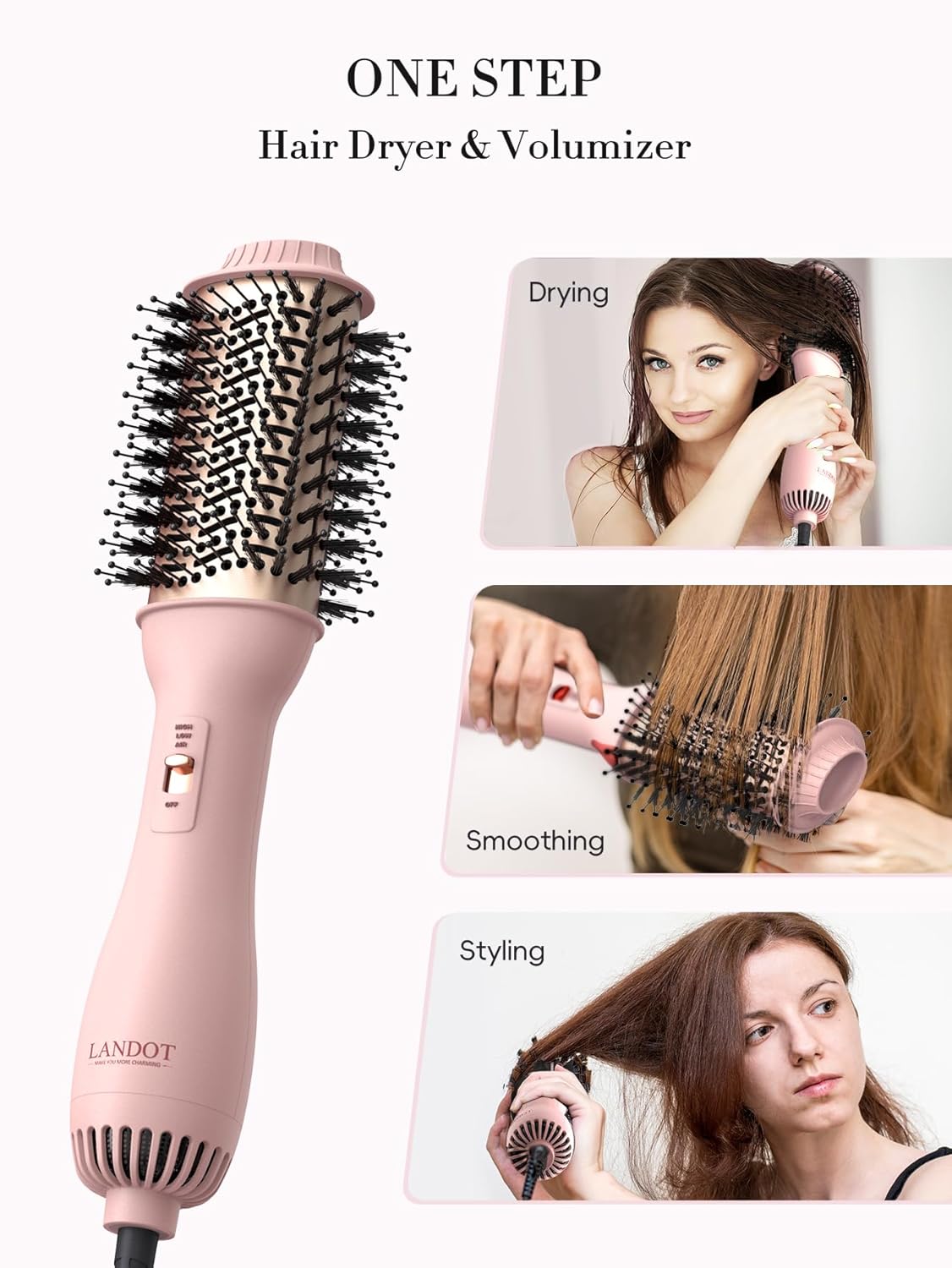 LANDOT Hair Blow Dryer Brush - One-Step Hot Air Brush for Fast Drying Smoothing Volumizing, Ionic Anti-Frizz Delivers Salon Blowout Results, 3 Heat/2 Speed Settings fit All Hair Types, Rose Gold Pink