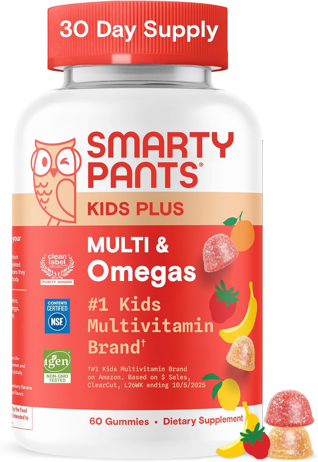 SmartyPants Kids Multivitamin Gummies, Omega 3 (DHA/EPA), Vitamins D3, C, B12, B6, Vitamin A, K & Zinc, Gluten Free, Three Fruit Flavors, 60 Count (30 Day Supply)