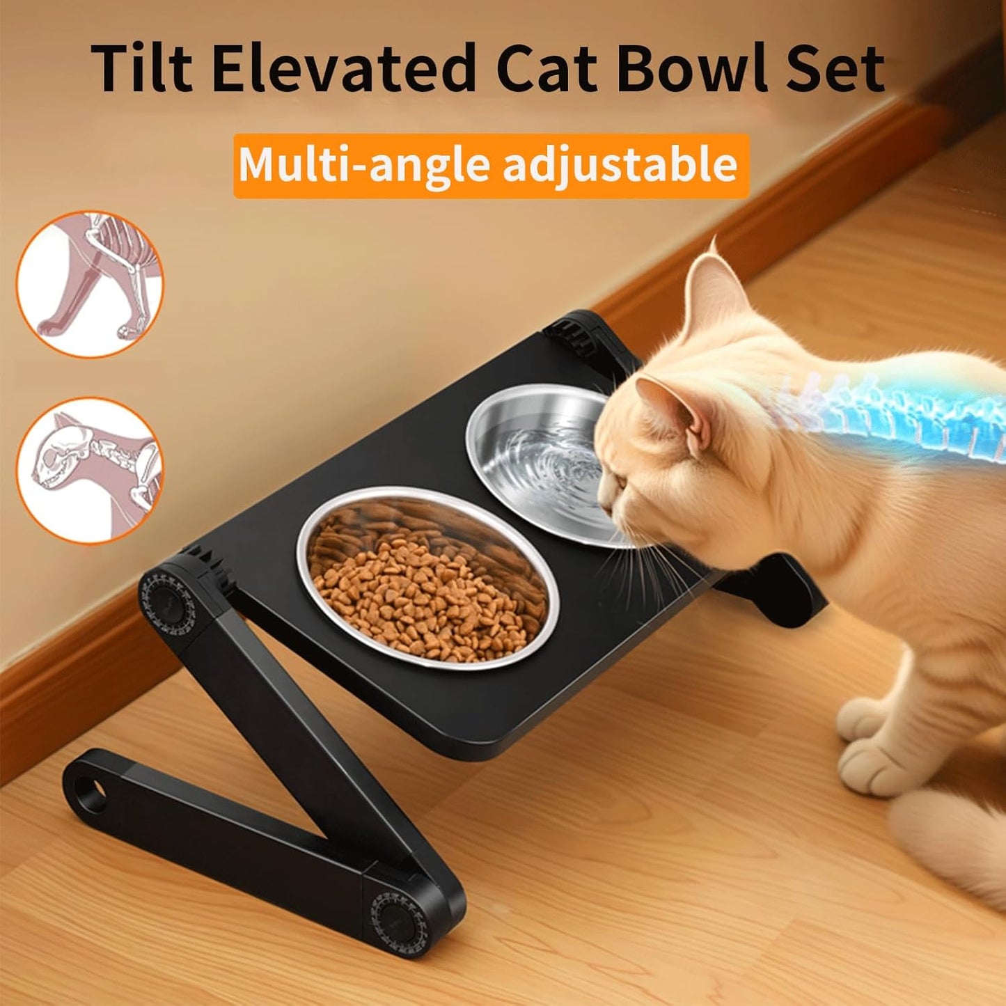 Adjustable Height & Angle Elevated Cat Bowls and Small Raised Dog Bowl with 2 Removable Stainless Steel Bowls - Foldable Raised Feeding Station 15°Tilted Raised for Neck Relief(16.7" x 9"