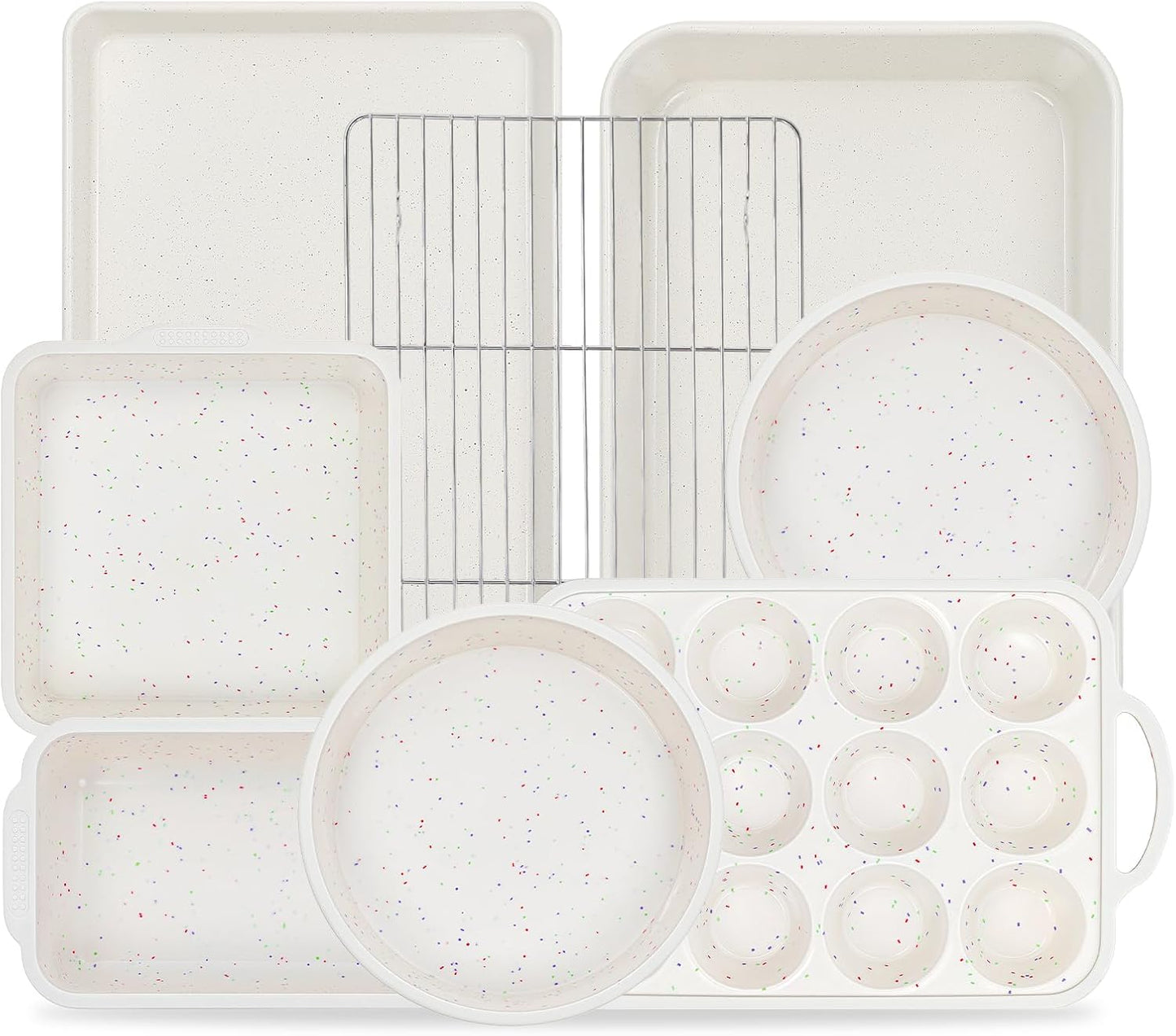 Vinino 8-Piece Baking Pans Set Nonstick, Bakeware Set includes Silicone Muffin, Loaf, Cake Pans with Metal Reinforced Frame, and Carbon Steel Roasting Pan, Cookie Sheet, Cooling rack for Oven-Cream