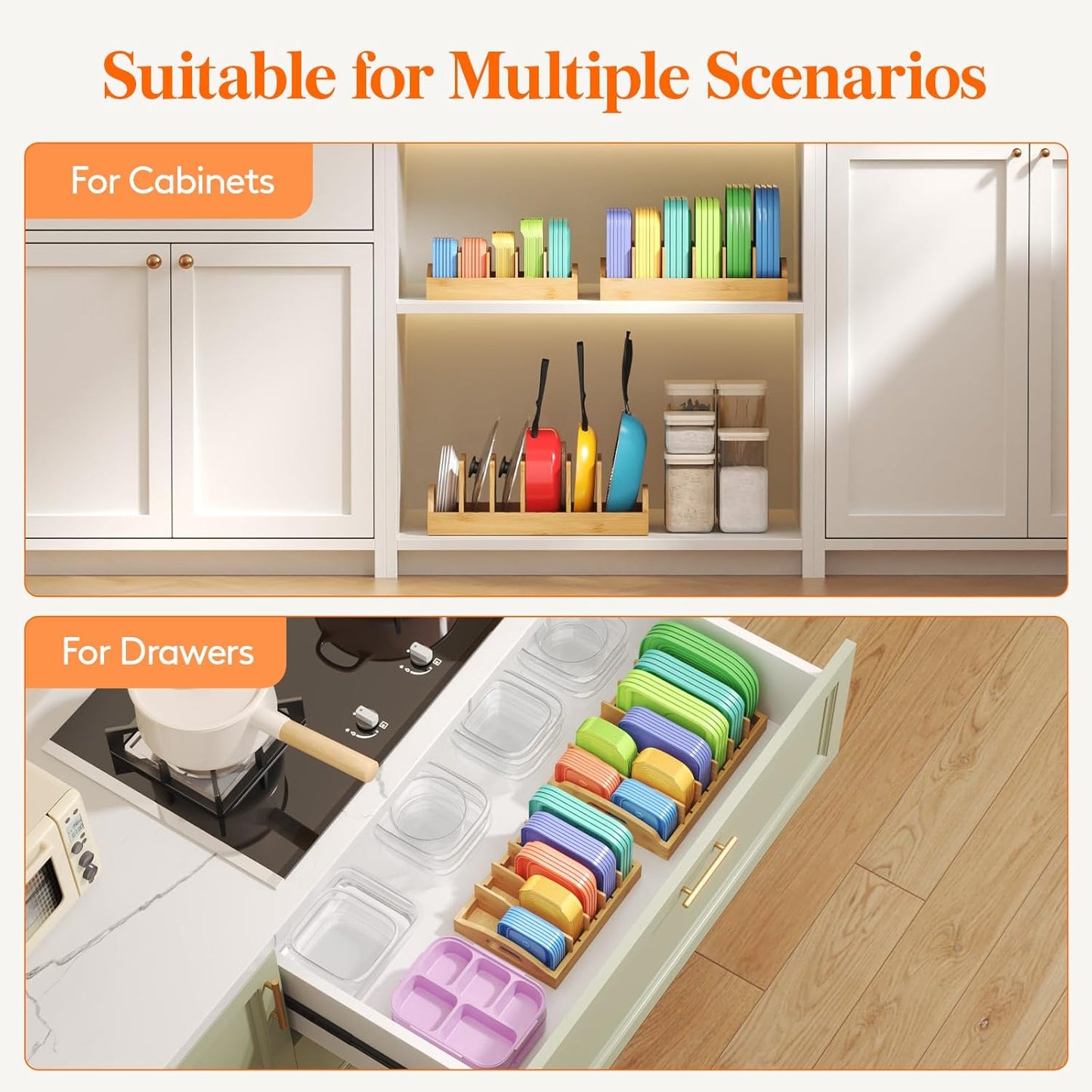 Lifewit Bamboo Lid Organizers for Inside Cabinet, Food Storage Container Lid Holder with 4 adjustable Inserts & 5 Compartments, Lid Storage for Kitchen Pantry Organization, 10.6" X 8.3"