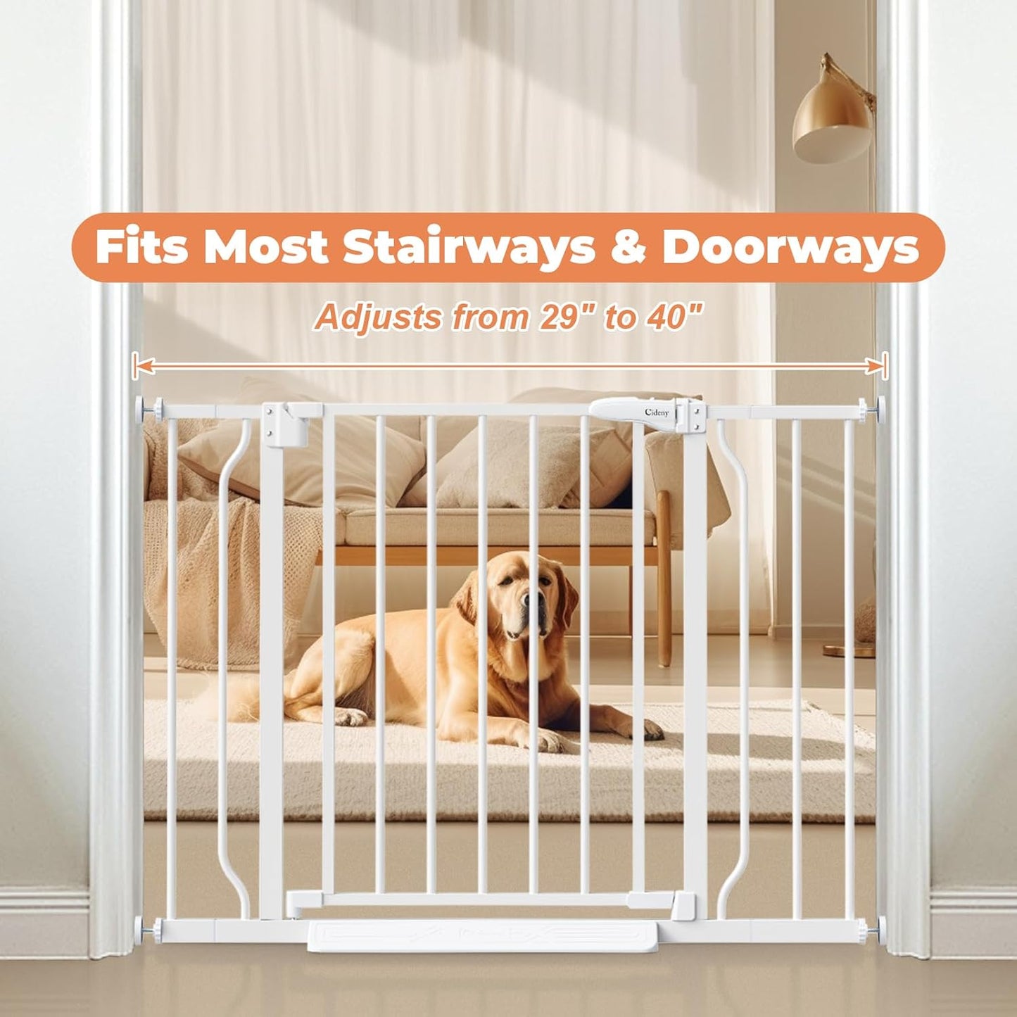 Baby Gate No Drilling, 29"-40" Auto Close Dog Gate Indoor for Doorways & Stairs, Pressure Mounted Adjustable Pet Gate, Easy Walk Through Child Gate for Children & Pets Stroller Friendly, White