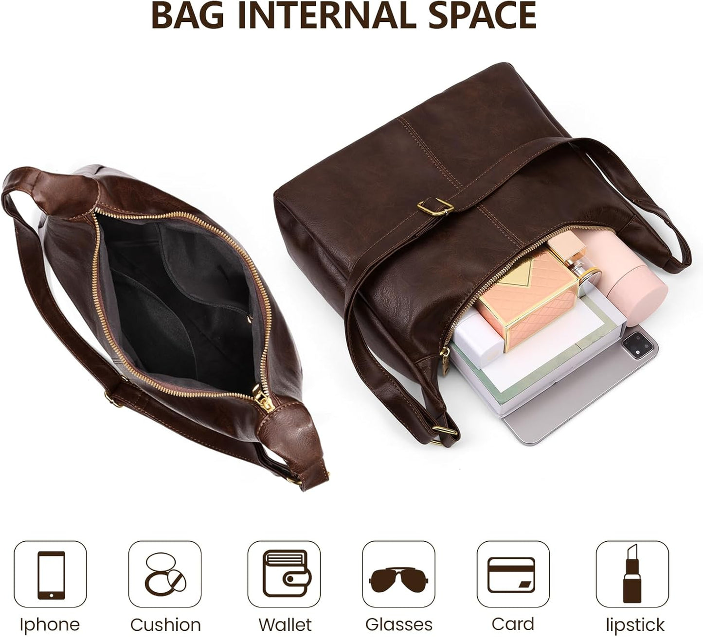 Slouchy Hobo Bags for Women Shoulder Handbag Leather Brown Purse Crossbody Handbag Daily Slouchy Tote Purses
