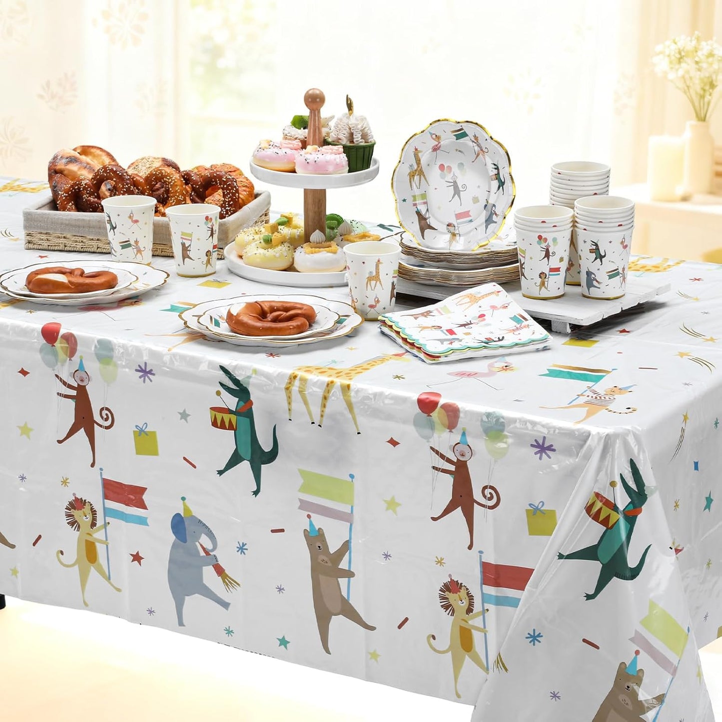 Maxdot 3 Pieces Animal Parade Party Tablecloths 108 × 54 Inch Safari Theme Table Cover, Plastic Disposable Table Cloth Zoo Party Supplies for Jungle Baby Shower, Animal Themed Birthday Decorations