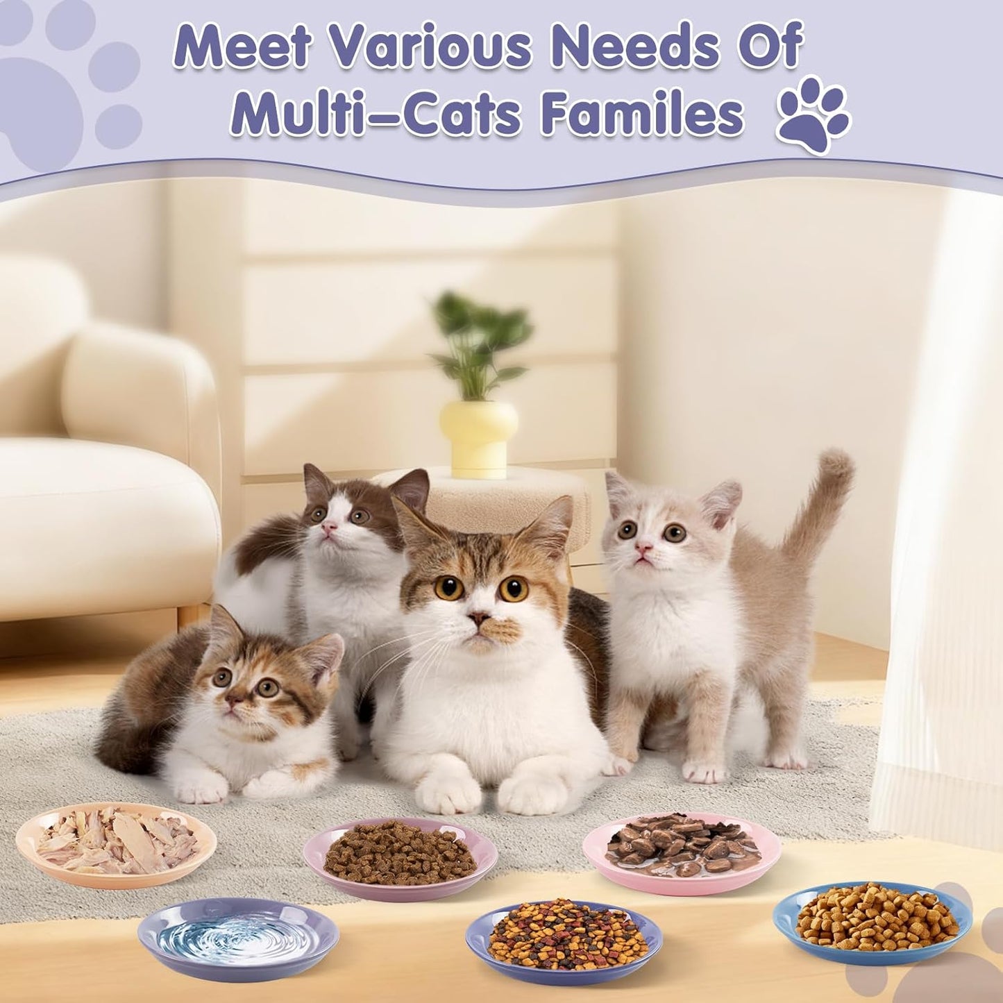 6 Pack Ceramic Cat Bowls, Cat Food Bowl, Anti Whisker Fatigue Cats Bowl Set, 6 Inches Shallow Wide Kitten Plates for Food and Water，Durable Wheat Straw Cats Bowls