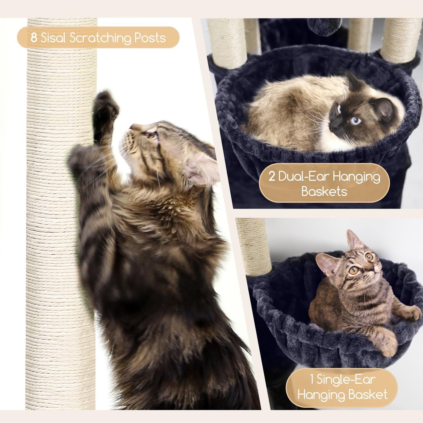 Globlazer Extra Large Cat Tree Tower, 82in Tall Heavy Duty Cat Tree for Indoor Cats Large Adult Big Cat Tower with 8 Scratching Posts, 2 Cat Condos, 2 Padded Perches, 3 Hanging Baskets, S82, Dark Gray
