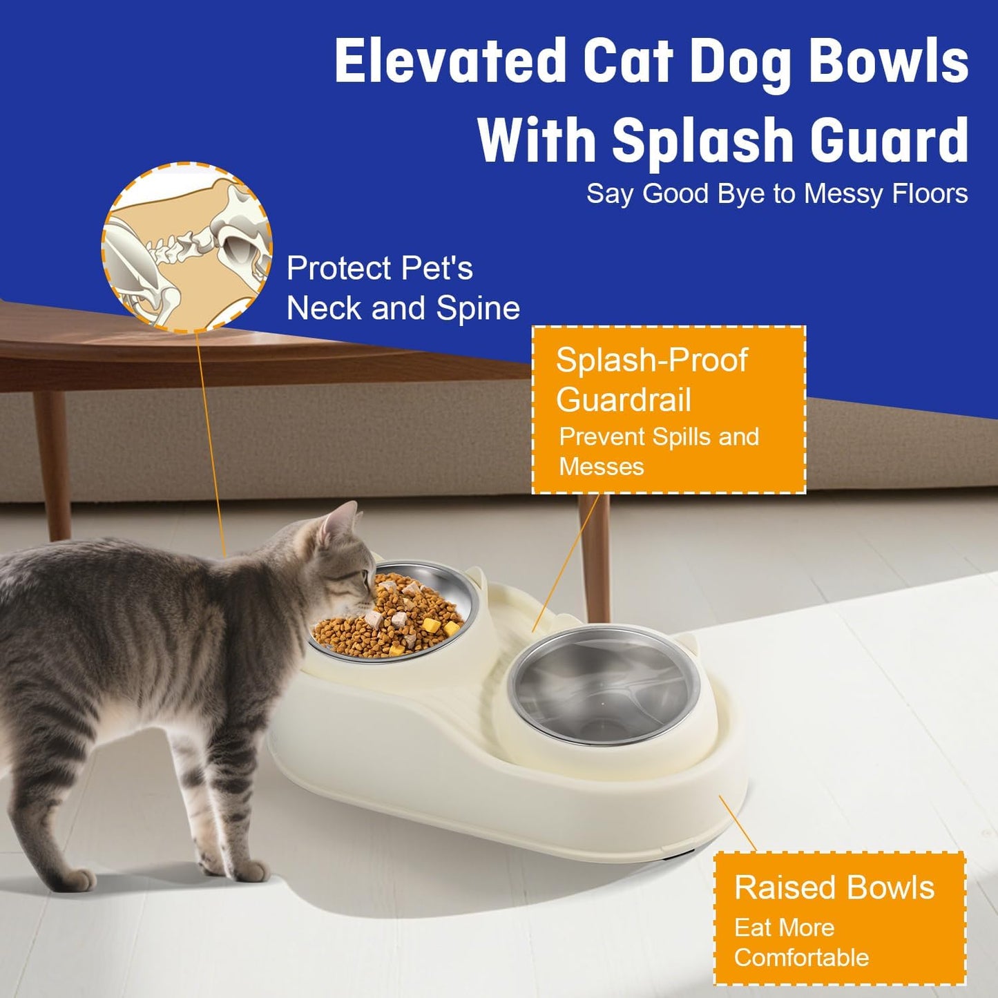 Elevated Cat Bowls for Indoor Cats, Raised Cat Bowl Set with 2 Stainless Steel Pet Bowls, No Spill Feeding Station, Tilted and Elevated Anti Vomiting Cats Dishes for Food and Water