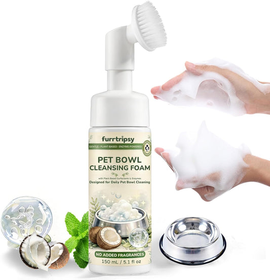 Pet Bowl Cleaner Mousse with Scrub Brush | Vet Enzyme Formula for Dog Cat Dishes, Toys Fountains & Bird Baths Feeders Cleaner | No Residue | 5.1oz Travel Size | Lick Safe, Unscented