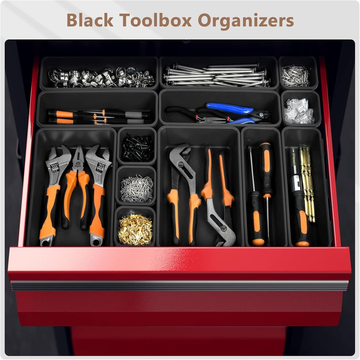 A-LuGei 【𝟰𝟲𝗣𝗖𝗦 & 5 Size】 Tool Box Organizer Tray Divider Set, 【Black】 Bathroom Drawer Organizer Bin, Garage Organization and Storage Toolbox Rolling Tool Chest Cart Cabinet WorkBench Small Part