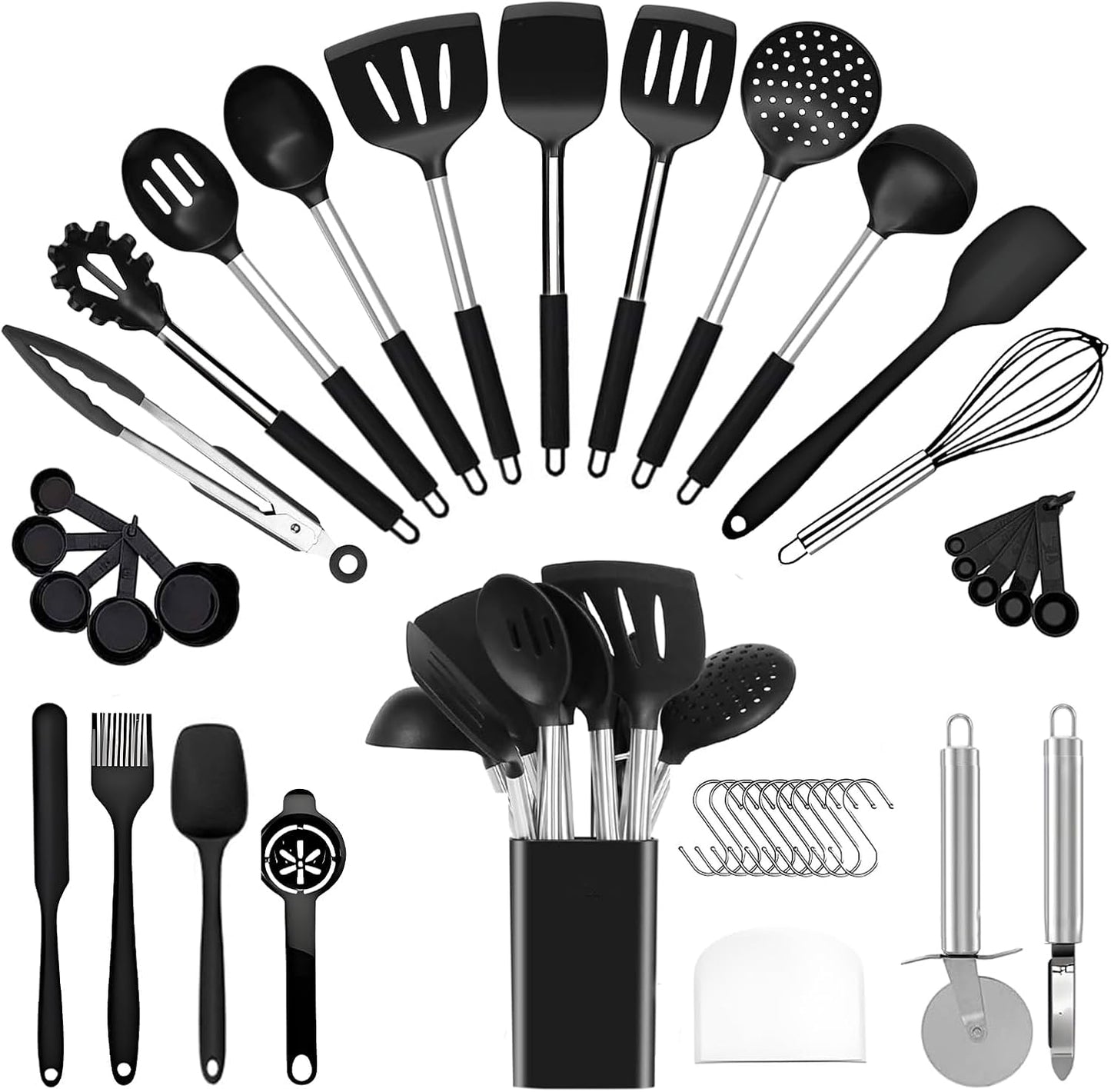 40 Pcs Kitchen Utensils Set Silicone Cooking, 446℉ Heat Resistance Stainless Steel Metal, Spaghetti Spoon Cookware Utensils, Rubber Tools Nonstick Kitchenware Can Dishwasher Safe