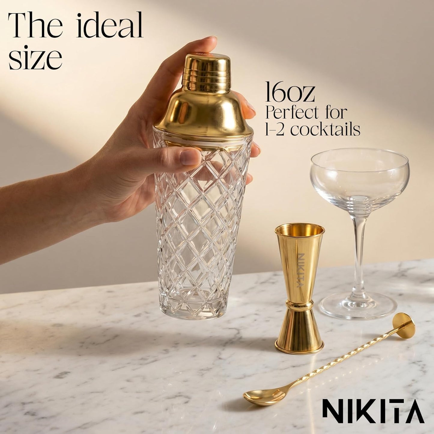 NIKITA by Niki Glass Cocktail Shaker Set, 5-Piece Martini Shaker & Bartender Kit with Bar Accessories Strainer, Jigger, Spoon & Muddler, Gold 16oz Drink Mixer with Bartender Accessories