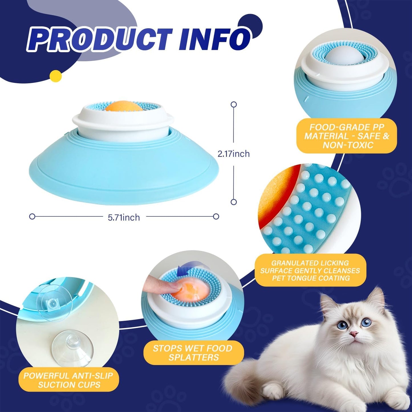 Cat Liquid/Wet Food Licking Bowl, Slow Feeding Pet Bowl, Cat Lick Ball Bowl, Non-Slip Design, Slow Eating, Pet Anxiety Relief Toy, Interactive Cat Bowl（Yellow Ball）