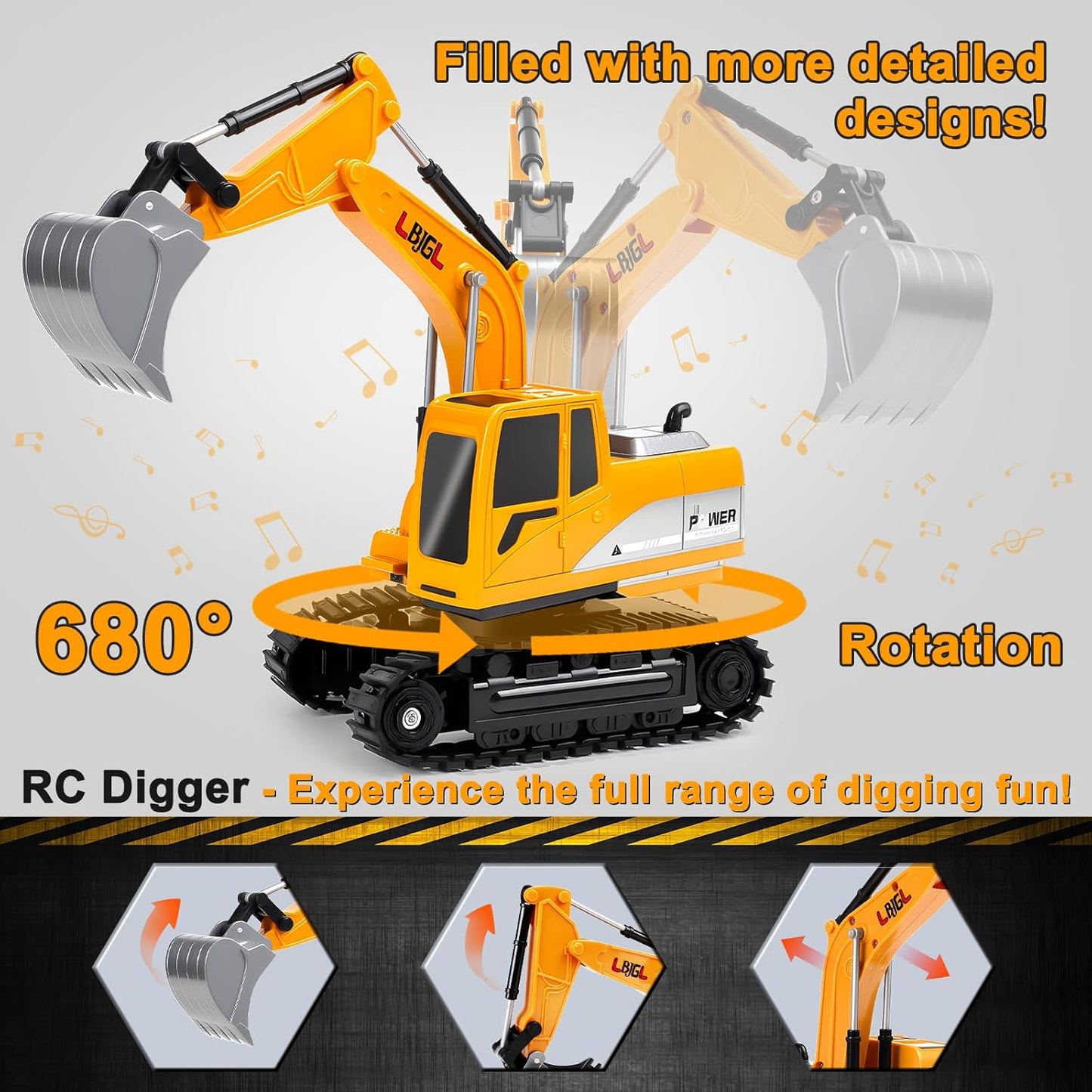 Remote Control Excavator Toy for Boys Kids, 1:24 RC Construction Vehicles with Metal Shovel, Realistic Lights & Sounds, Best Christmas | Birthday Gift for Boys & Girls 3-5 4-7 8-12 12+ Year Old Kids