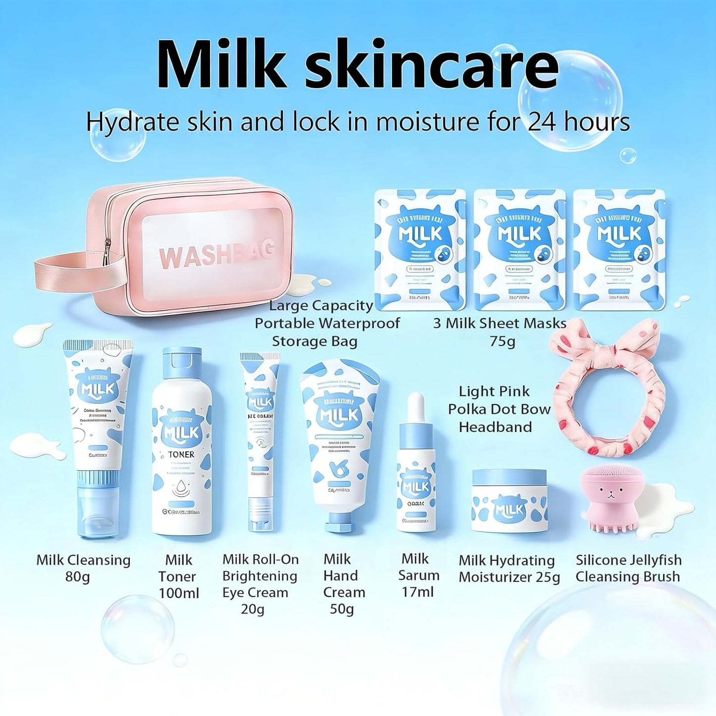Milk Skin care Set for Kids & Teens, 12 IN 1 Moisturizing & Gentle Milk Skincare for Girls 10-12, Skin Care Set For Kids Girl Ages 8-12 Birthday Gifts, Face Care Kit, Mothers Day Gift, Teacher Gift