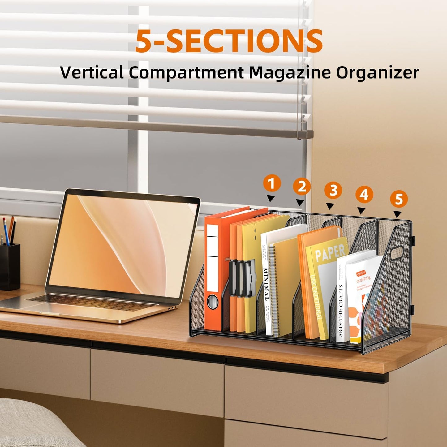 SUPEASY Binder Organizer, Magazine File Holder with 5 Vertical Compartments Rack, Metal Desk File Organizer & Binder Holders, Magazine Organizers for Office Desktop, Home, School (Black)