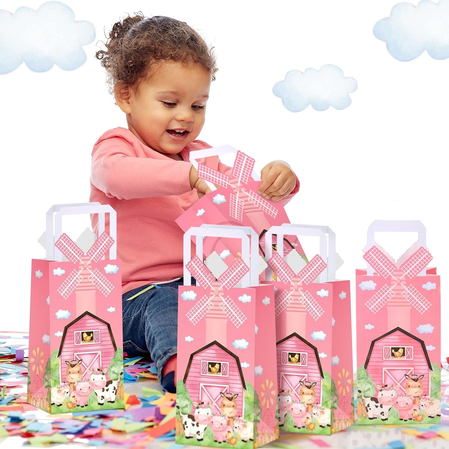 16 Pcs Pink Farm Animal Party Favor Bags Kraft Paper Goodie Bags with Handle 3D Pinwheel Double-sided Printing Treat Bag for Birthday Gender Reveal Barnyard Farm Themed Party Supplies