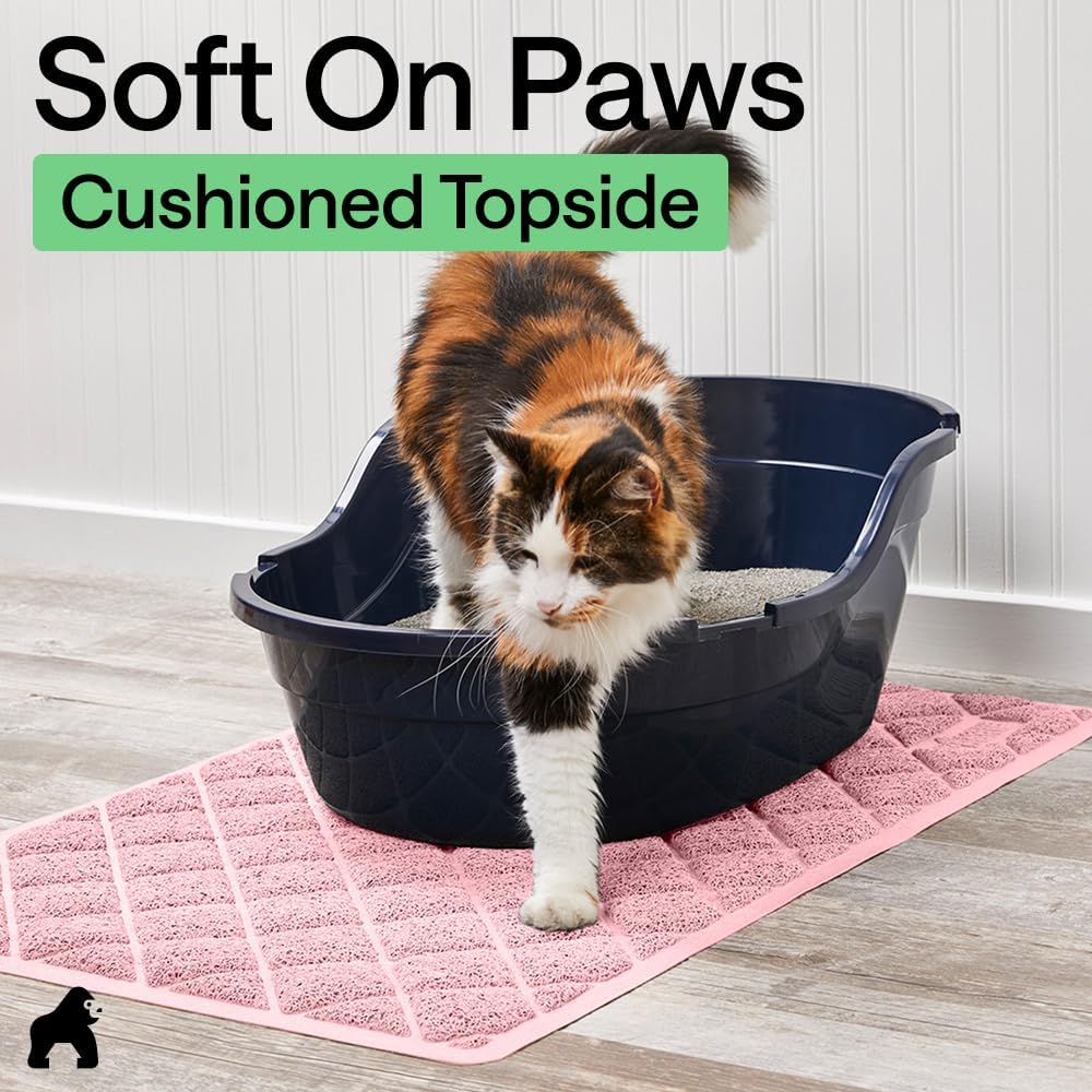 GORILLA GRIP Cat Litter Box Mat, 35x23, Cushioned Coil Mesh Litter Trapping Mats, Scatter Control Supplies for Less Mess, Phthalate Free, Ultra Deep Catch Grooves, Rinse or Vacuum to Clean, Light Pink