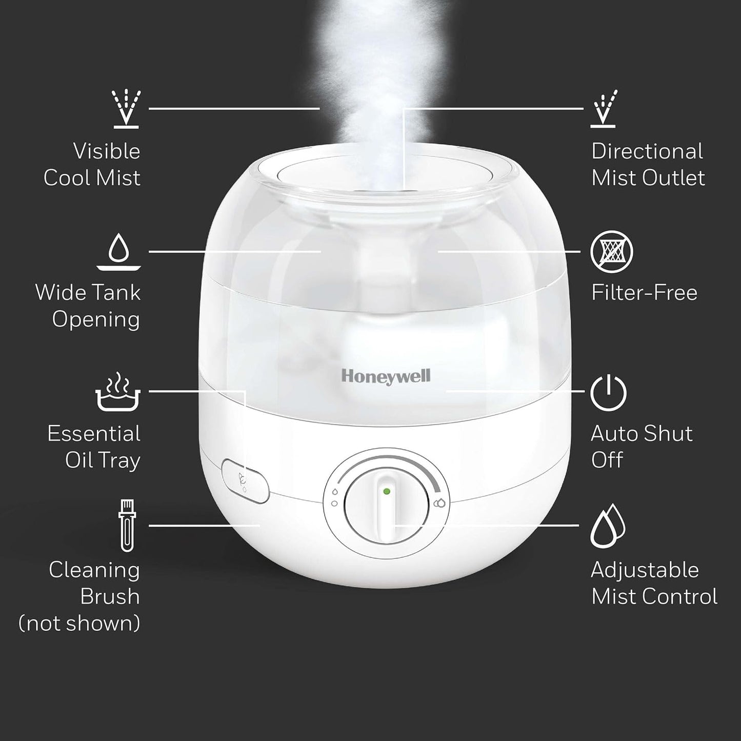 Honeywell Mini Cool Mist humidifier, Easy to Fill and Clean, humidifier for small Bedroom, Kids Rooms, or office. Ultra Quiet Operation and Auto Shut-Off - White, HUL525W