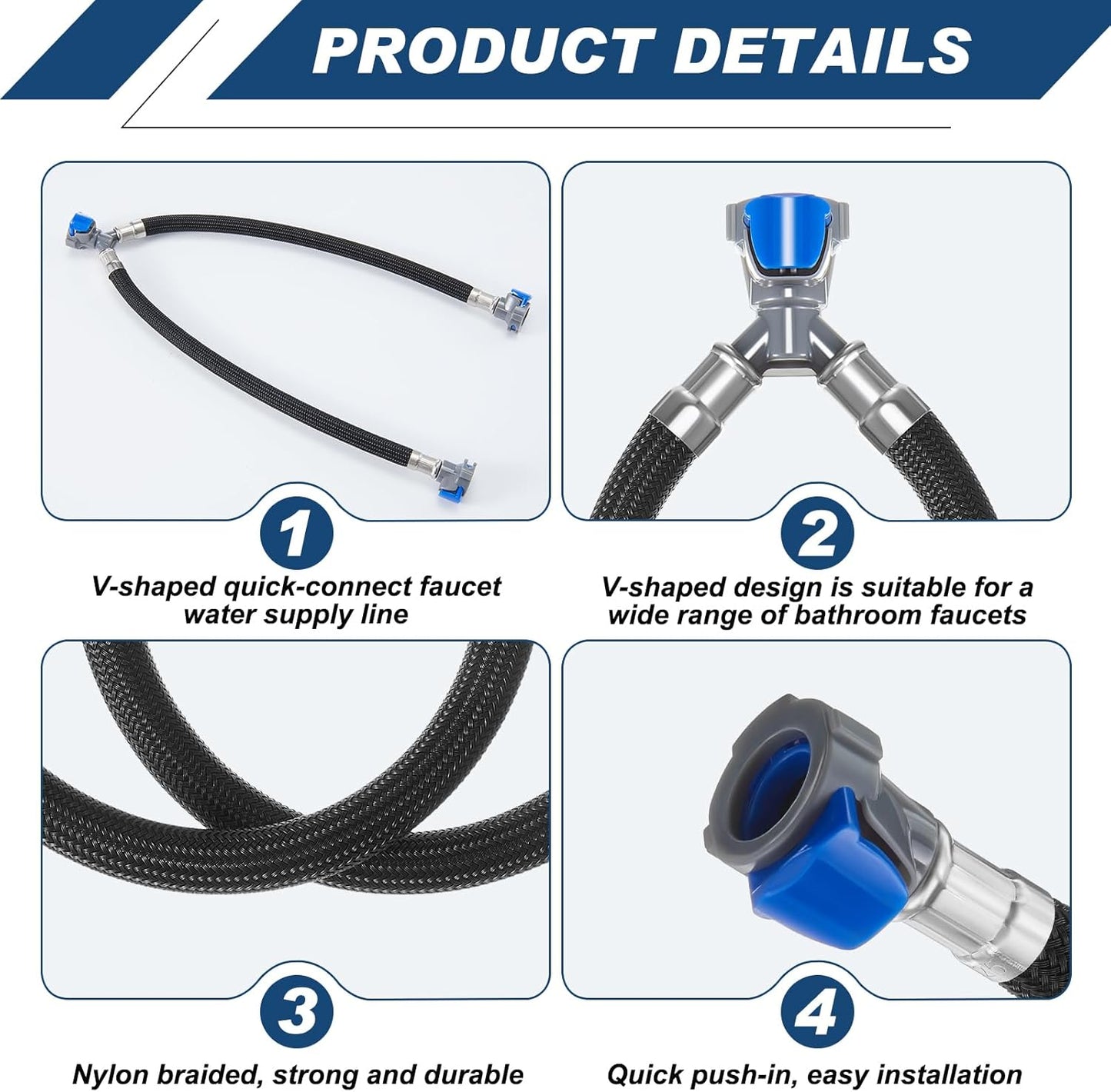 2 Pcs 12 Inch Quick Connect Water Hose Faucet Supply Lines Hot & Cold Water Mixer Line Replacement V-shape Widespread Bathroom Sink Faucet Y Hose with Snap-in Fast Lock Pipe(Black Blue)