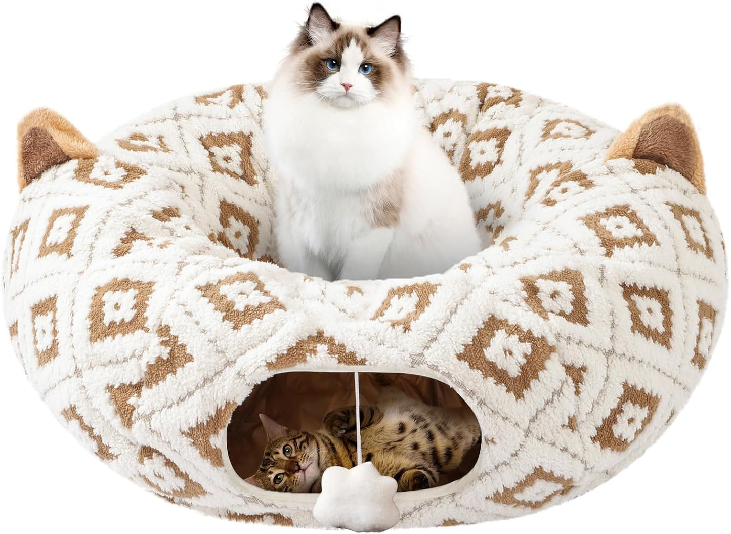 Cat Tunnel Bed for Indoor Cats, Cat Donut Tunnel with Washable Cushion, Peekaboo Cat Cave Toy, Multifunctional Playground Toys for Kittens, Rabbit, Brown Jacquard Pattern