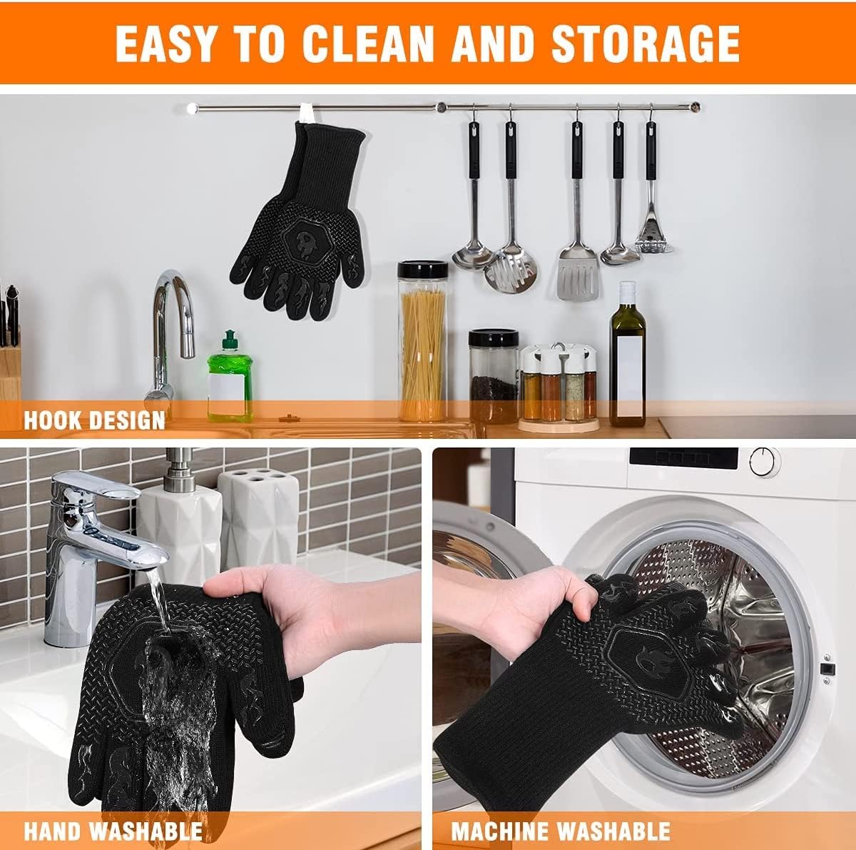 HAMITOR BBQ Grill Gloves : 1472℉ High Temp Resistance Fireproof Glove for Grilling Barbecue - Washable Long Oven Mitts Extreme Hot Proof Mittens for Kitchen Cooking Baking