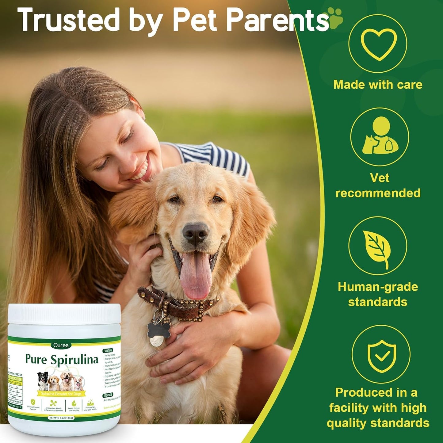 Organic Spirulina Powder for Dogs – Natural Superfood Supplement for Skin, Coat & Immune Health – 100% Pure Green Algae, No Fillers, No Additives, Boosts Energy & Vitality