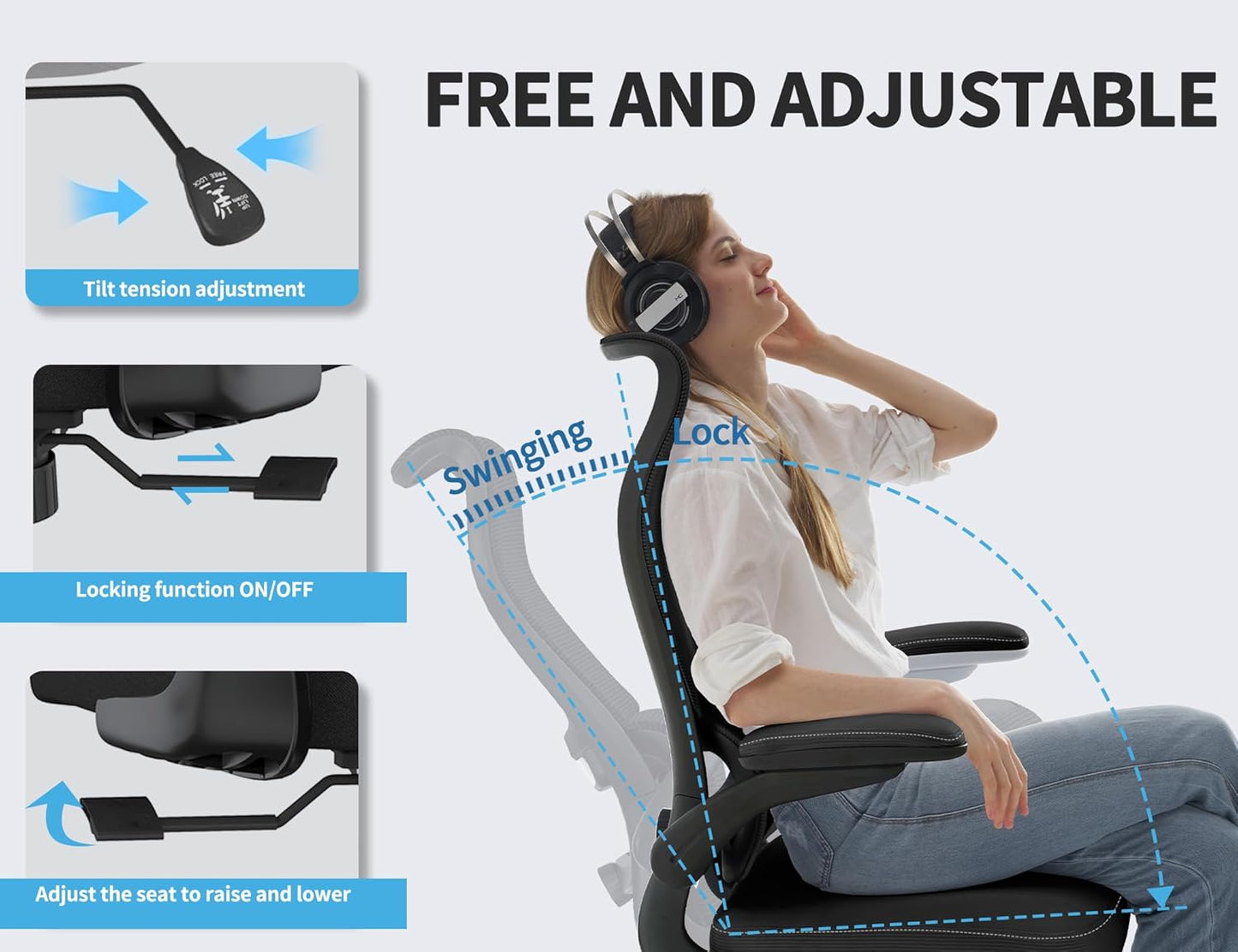 TRALT Ergonomic Office Chair - Desk Chair with Wave High Back Adjustable Lumbar Support Computer Chair - Gaming Chairs Mesh Backrest and PU Leather Seat for Home Reading Chairs to Adults(Black)
