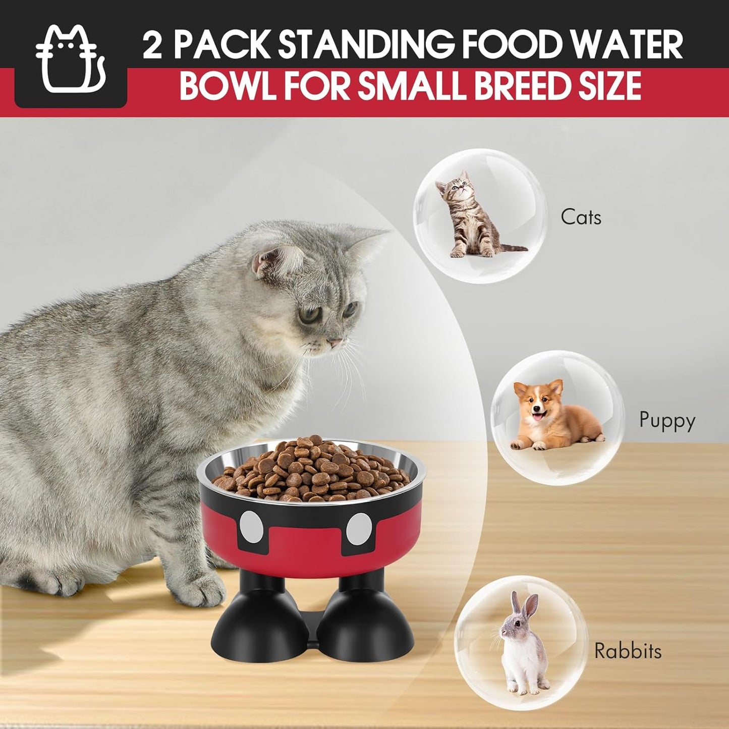 Elevated Cat Food Water Bowls,2 Pack Raised Cat Dog Bowls with Stand,Stainless Steel Cute Cat Dishes for Cats Dogs Kitten Puppies Small Pets Feeding Non-Slip Base