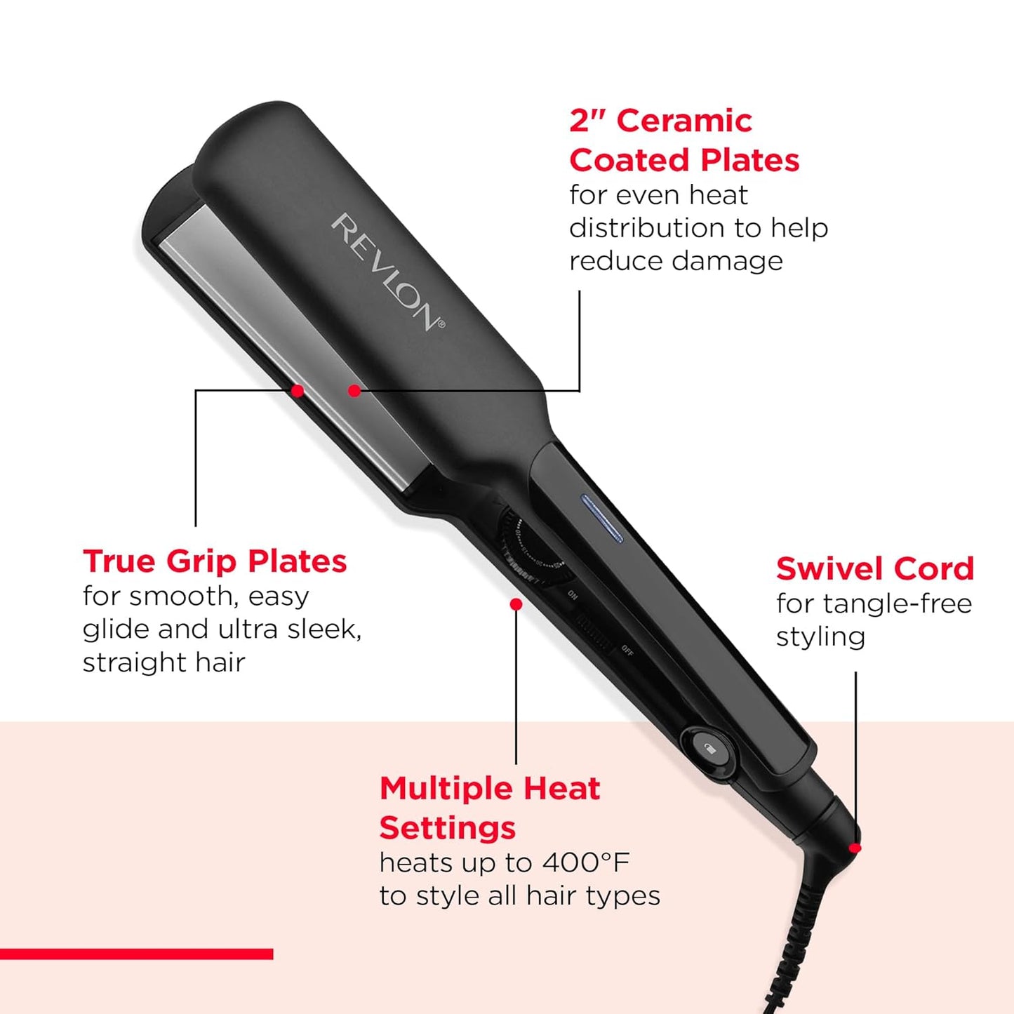 REVLON Ceramic Coated 2" Flat Iron - Fast Heating Hair Straightener for Quick and Smooth Results, Plus Travel Friendly (Black)