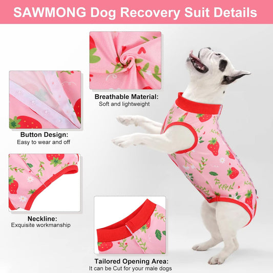 SAWMONG Recovery Suit for Dogs After Surgery, Dog Recovery Suit Dog Spay Surgical Suit for Female Dogs, Dog Onesie Body Suit for Surgery Male Substitute Dog E-Collar (Strawberry,M)