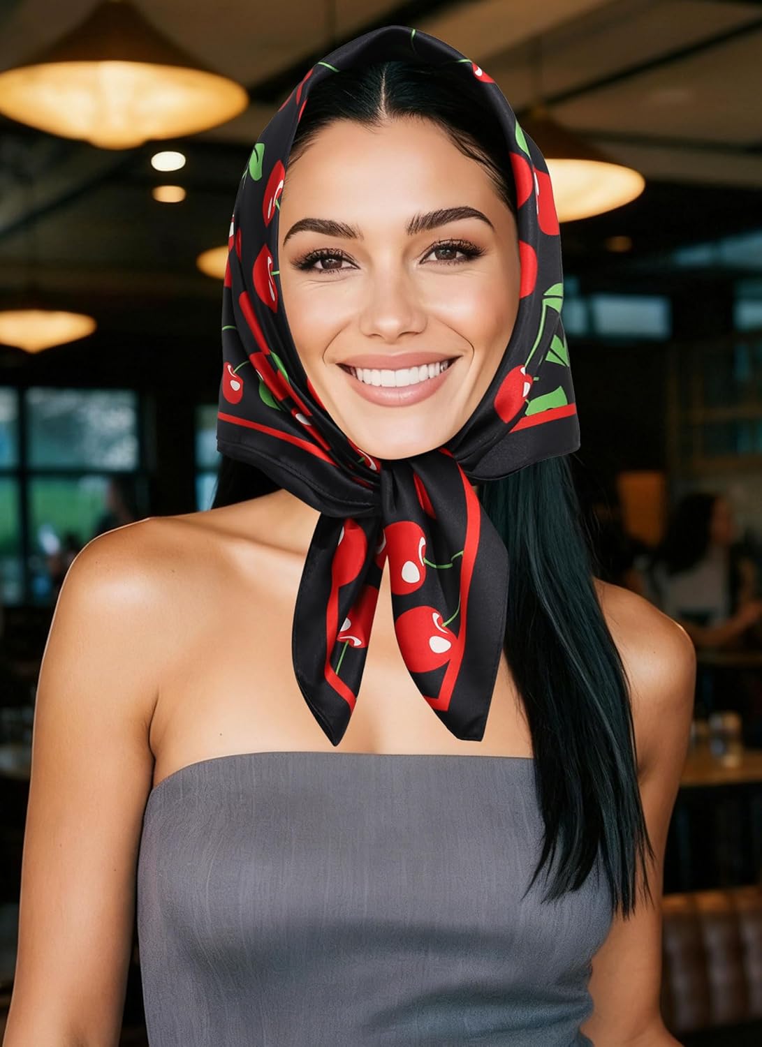 CHLINS 27.5” Cherry Square Head Scarf Hair Scarf for Women's Hair Silk Bandana Head Wrap for Sleeping & Handbags Accessories