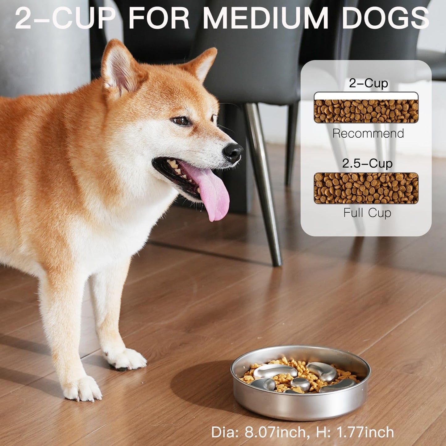 Slow Feeder Dog Bowl-2Cups for Medium Breeds, Double Wall Food-Grade Stainless Steel, Heavy Duty with Non-Slip Rubber Base, Puzzle Maze Bowl to Slow Down Eating