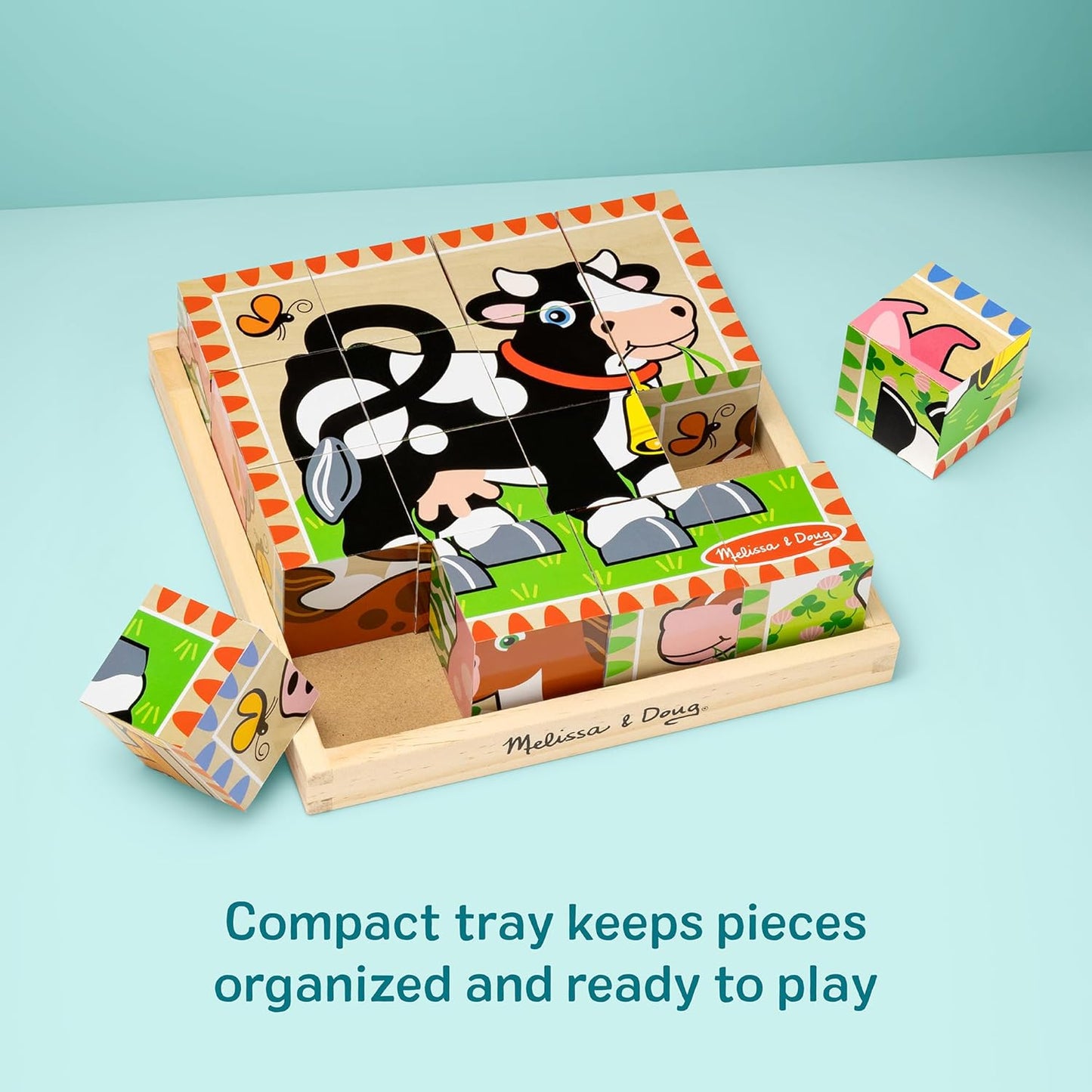 Melissa & Doug Farm Wooden Cube Puzzle with Storage Tray – 6-in-1 Animal Puzzle for Toddlers and Preschoolers – 16 Wooden Cubes – Farm Toy for Kids Ages 3+ - FSC Certified