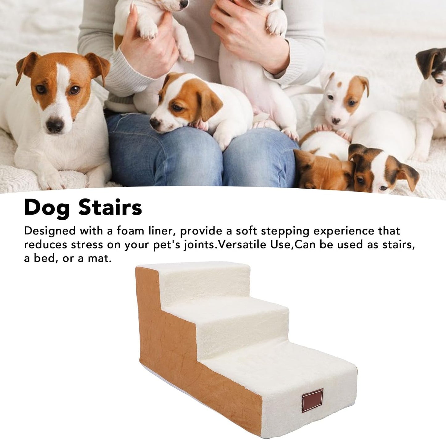 Luqeeg Pet Stairs, 14.2 Inch High Foam Dog Steps Ramp, Soft Enhanced Comfort Stable Structure Stylish Look Versatile 3 Steps Pet Puppy Stairs for Small (Coffee (Cover and Liner))