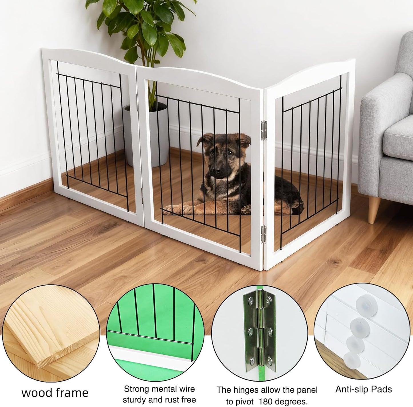 ZJSF Freestanding Foldable Dog Gate for House Extra Wide Wooden White Indoor Puppy Gate Stairs Doorways Pet Gate Tall Dog Fence 3 Panels Fence
