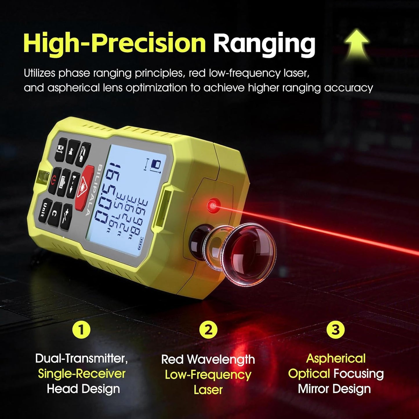 Laser Measure, 165ft Digital Laser Distance Meter with 2 Bubble Levels, 2" Backlit LCD, High Precision Laser Measuring Tool,Area Measurement,Volume and Pythagoras, Mute, Battery Included