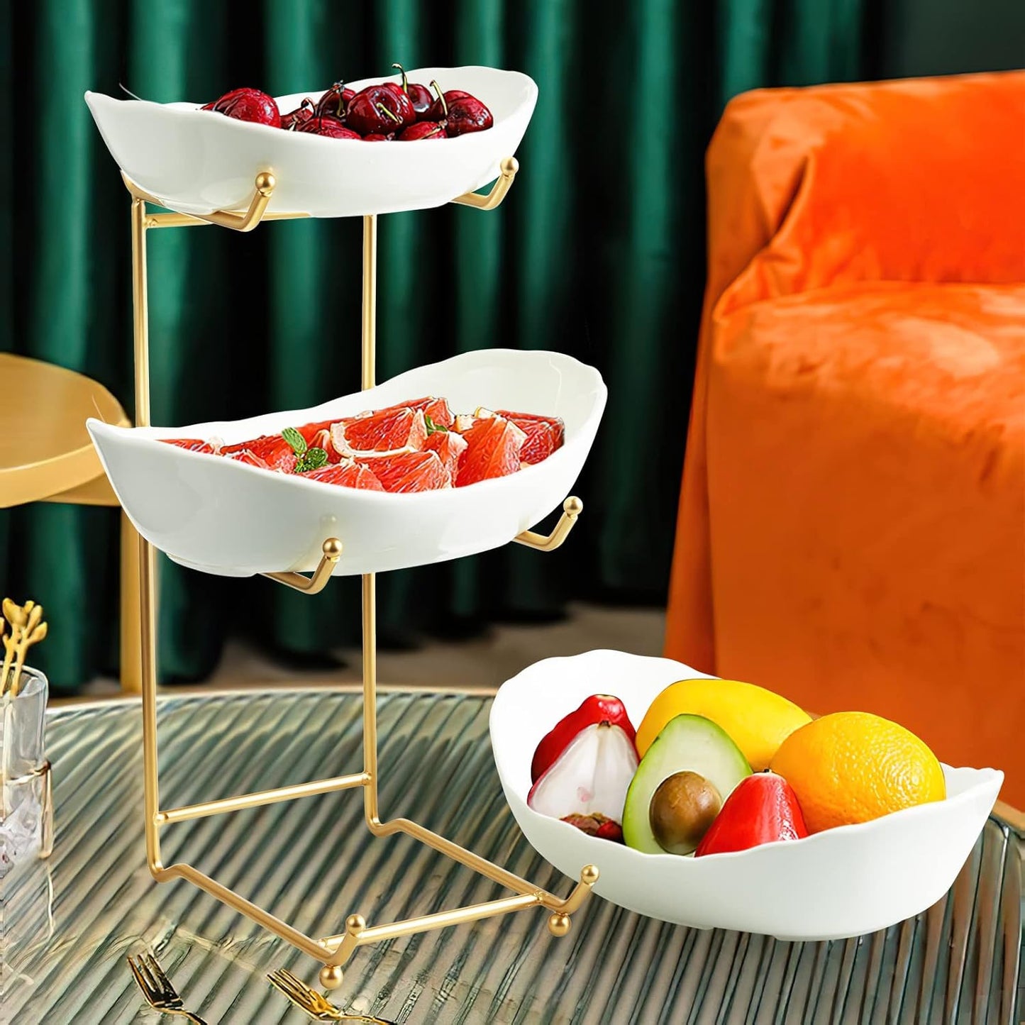 Ceramic Fruit Bowl for Kitchen Counter - 3 Tier Fruit Basket with Metal Stand, Tiered Fruit Stand for Countertop, Snack, Nuts, Cake, Dessert, Cute (Gold, Small)
