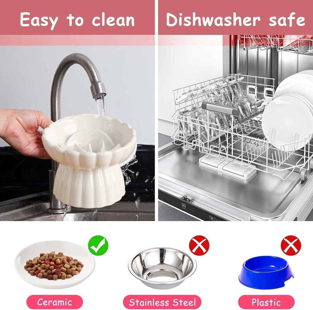 Ceramic Raised Cat Slow Feeder Bowls Whisker Friendly Anti Vomiting Cat Slow Eating Food Bowl for Cats Puppy Dogs Neck Support Plates (White)