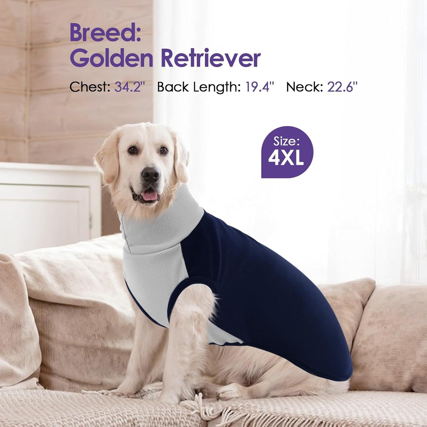 SUNFURA XXXL Dog Sweater - Warm Fleece Dog Sweater, Stretch Pullover Vest with Turtleneck for Extra Large Dogs, Soft Sweatshirt Jumpsuit for Labrador, Golden Retriever, Navy Blue 3XL