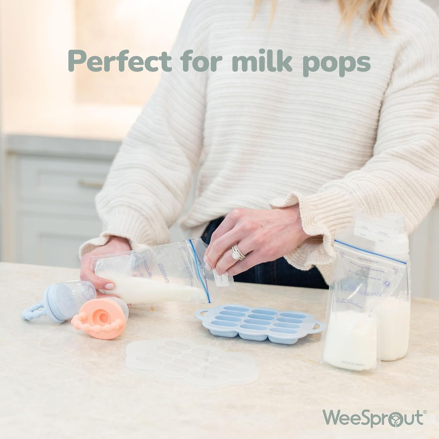 WeeSprout Baby Food Feeder Set - 2 Silicone Feeders & Reusable Freezer Tray with Lid - BPA-Free Fresh Fruit & Veggie Pacifier for Babies & Toddlers - Double as Teething Toys - Dishwasher Safe