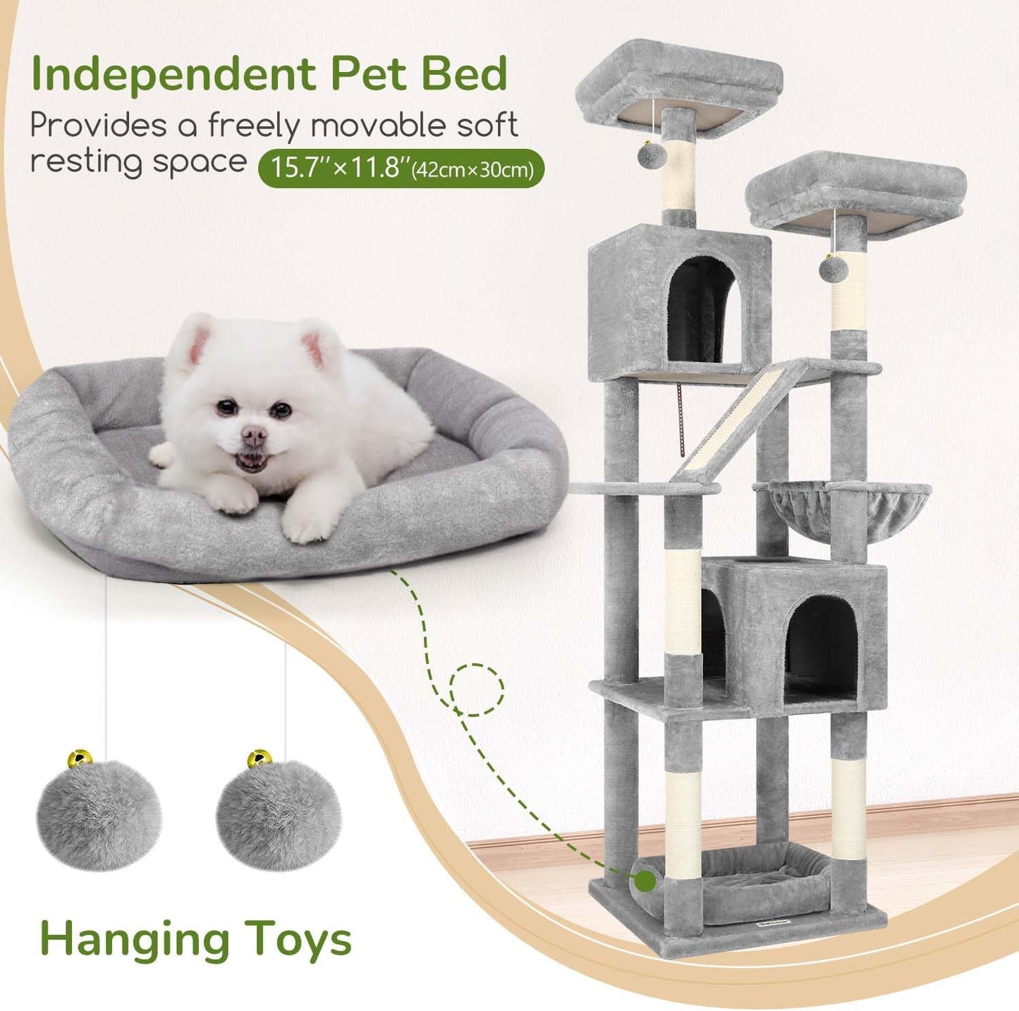 Globlazer Large Cat Tree Tower for Indoor Cats, 74in Tall Sturdy Cat Tree Condo for Large Cat with Scratching Posts and Board, Cat Condos for Adult Cats Kittens, Top Perches, Pet Bed, F74D, Light Grey