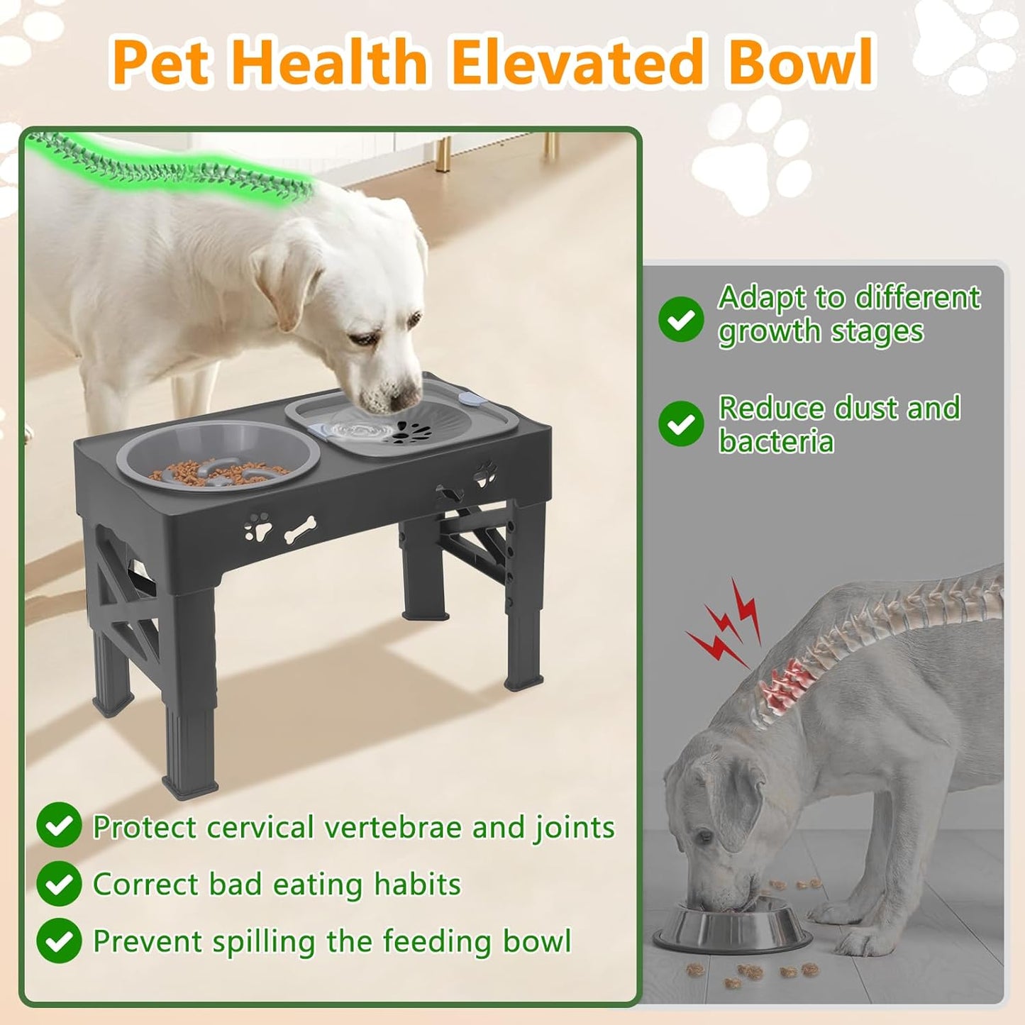 Elevated Slow Feeder Dog Bowls,with No Spill Dogs Water Bowl 5 Height Adjustable Raised Dog Bowl Food and Water Bowls with Stand for Small Medium Large Dogs,Cats and Pets